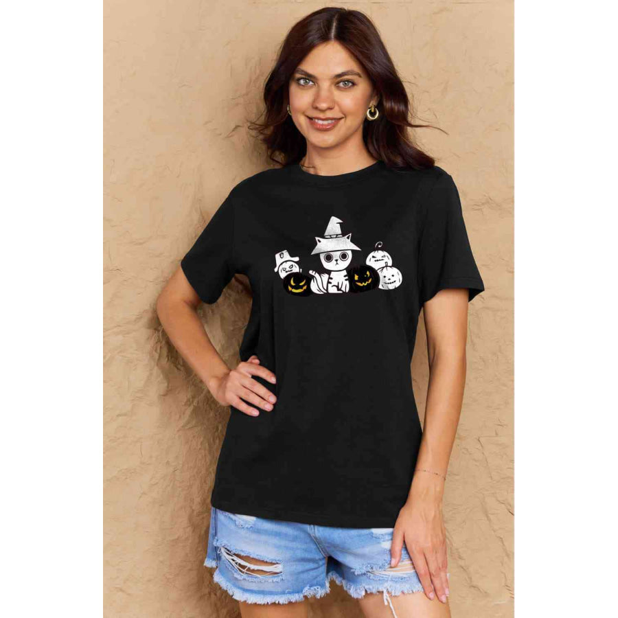 Simply Love Full Size Cat & Pumpkin Graphic Cotton T-Shirt Apparel and Accessories