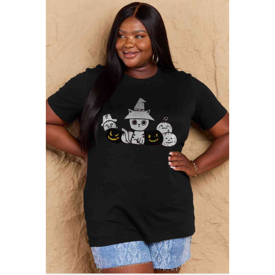Simply Love Full Size Cat & Pumpkin Graphic Cotton T-Shirt Apparel and Accessories