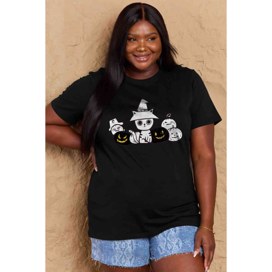 Simply Love Full Size Cat & Pumpkin Graphic Cotton T-Shirt Apparel and Accessories