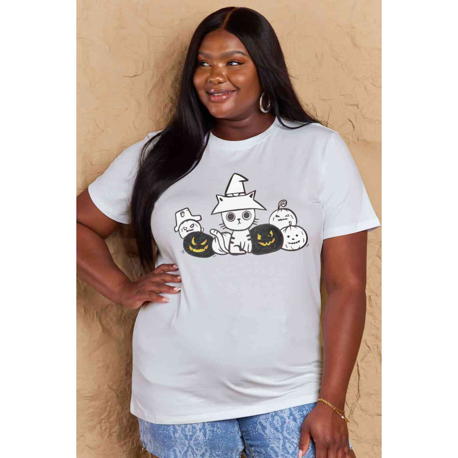 Simply Love Full Size Cat & Pumpkin Graphic Cotton T-Shirt Apparel and Accessories