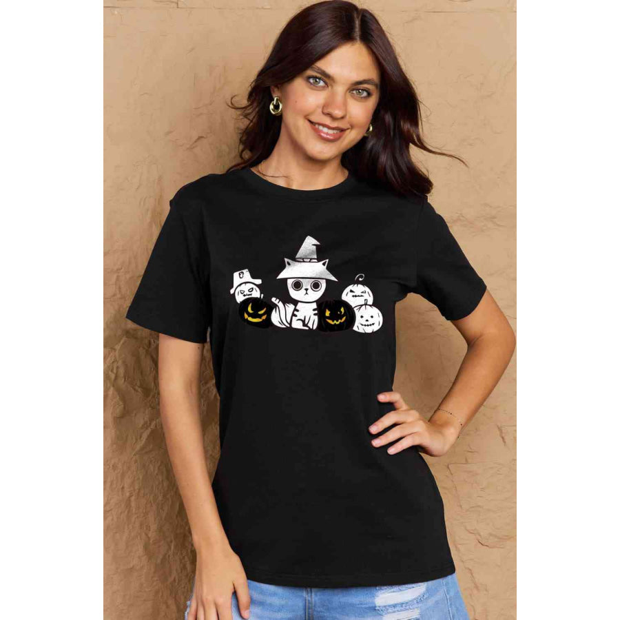 Simply Love Full Size Cat & Pumpkin Graphic Cotton T-Shirt Black / S Apparel and Accessories