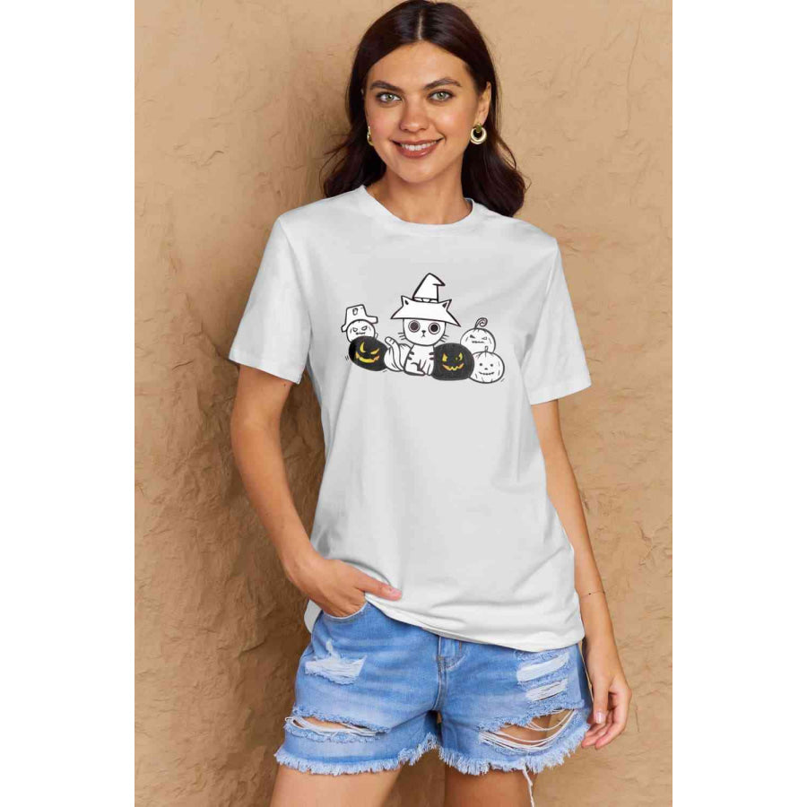 Simply Love Full Size Cat & Pumpkin Graphic Cotton T-Shirt Bleach / S Apparel and Accessories