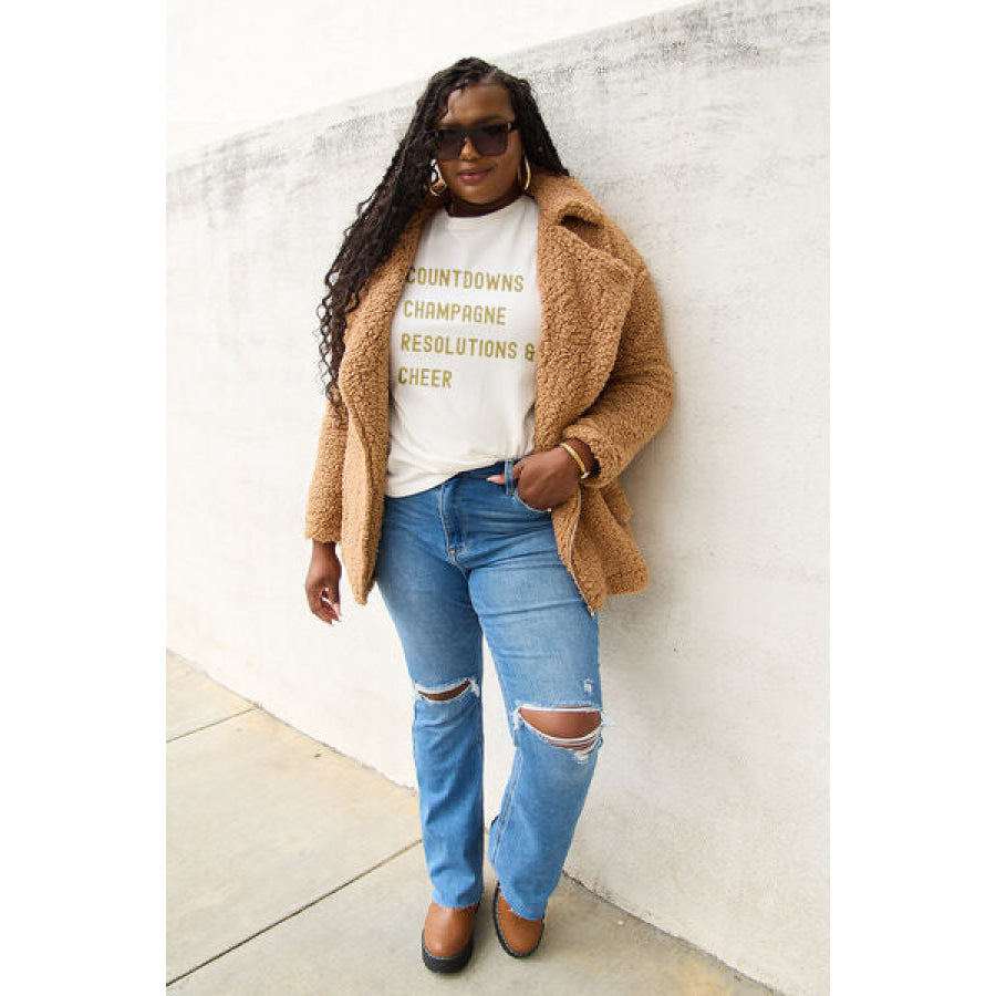 Simply Love Full Size COUNTDOWNS CHAMPAGNE RESOLUTIONS & CHEER Round Neck T-Shirt Apparel and Accessories