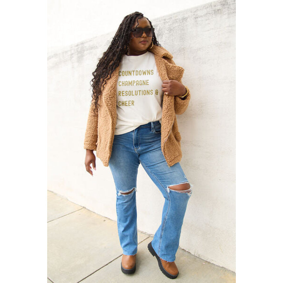 Simply Love Full Size COUNTDOWNS CHAMPAGNE RESOLUTIONS & CHEER Round Neck T-Shirt Apparel and Accessories