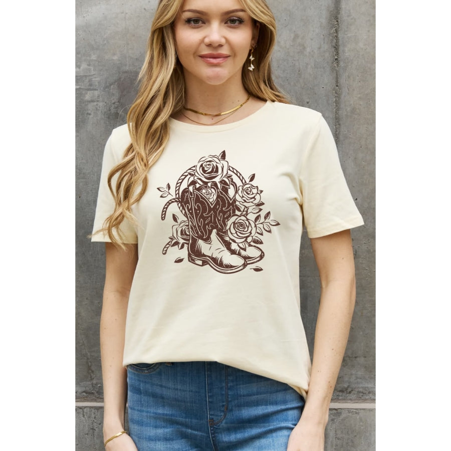 Simply Love Full Size Cowboy Boots Flower Graphic Cotton Tee Ivory / S