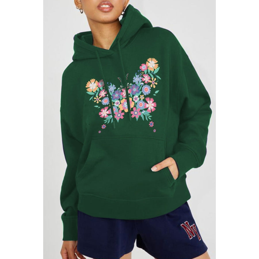 Simply Love Full Size Floral Butterfly Graphic Hoodie Green / S