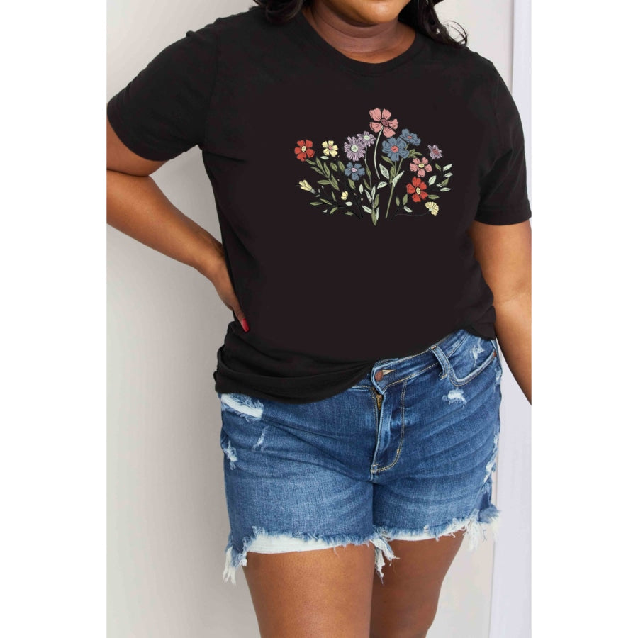Simply Love Full Size Flower Graphic Cotton Tee Black / S