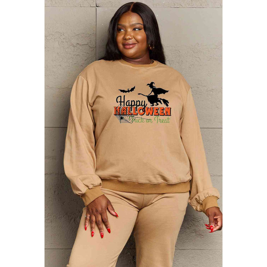 Simply Love Full Size HAPPY HALLOWEEN TRICK OR TREAT Graphic Sweatshirt Tan / S