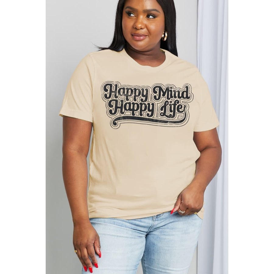 Simply Love Full Size HAPPY MIND HAPPY LIFE Graphic Cotton Tee Taupe / S