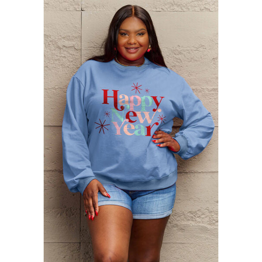 Simply Love Full Size HAPPY NEW YEAR Round Neck Sweatshirt Misty Blue / S Clothing