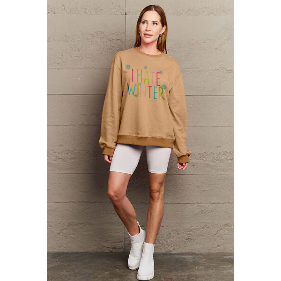 Simply Love Full Size I HATE WINTER Dropped Shoulder Sweatshirt Camel / S Clothing