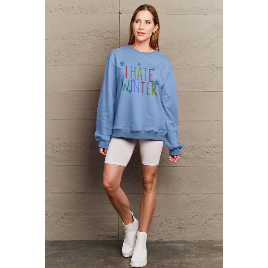 Simply Love Full Size I HATE WINTER Dropped Shoulder Sweatshirt Misty Blue / S Clothing