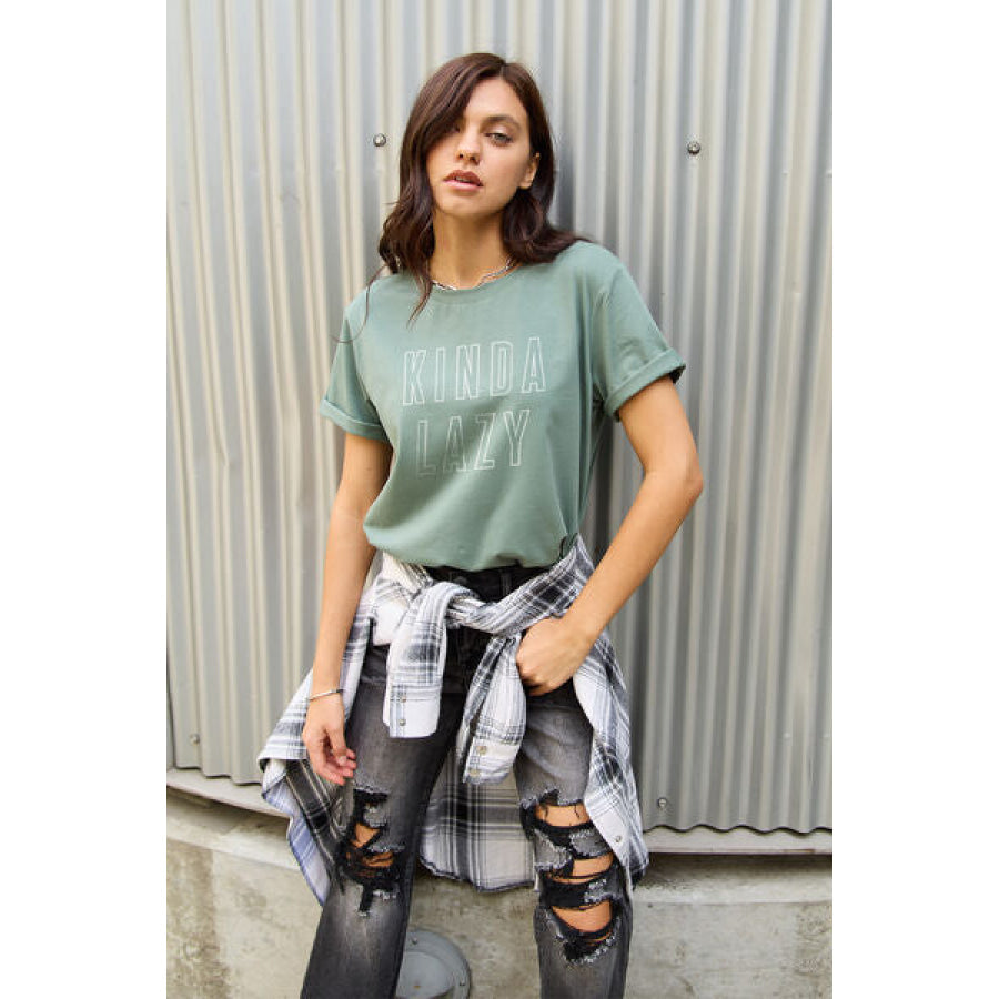 Simply Love Full Size KINDA LAZY Round Neck T-Shirt Sage / S Clothing