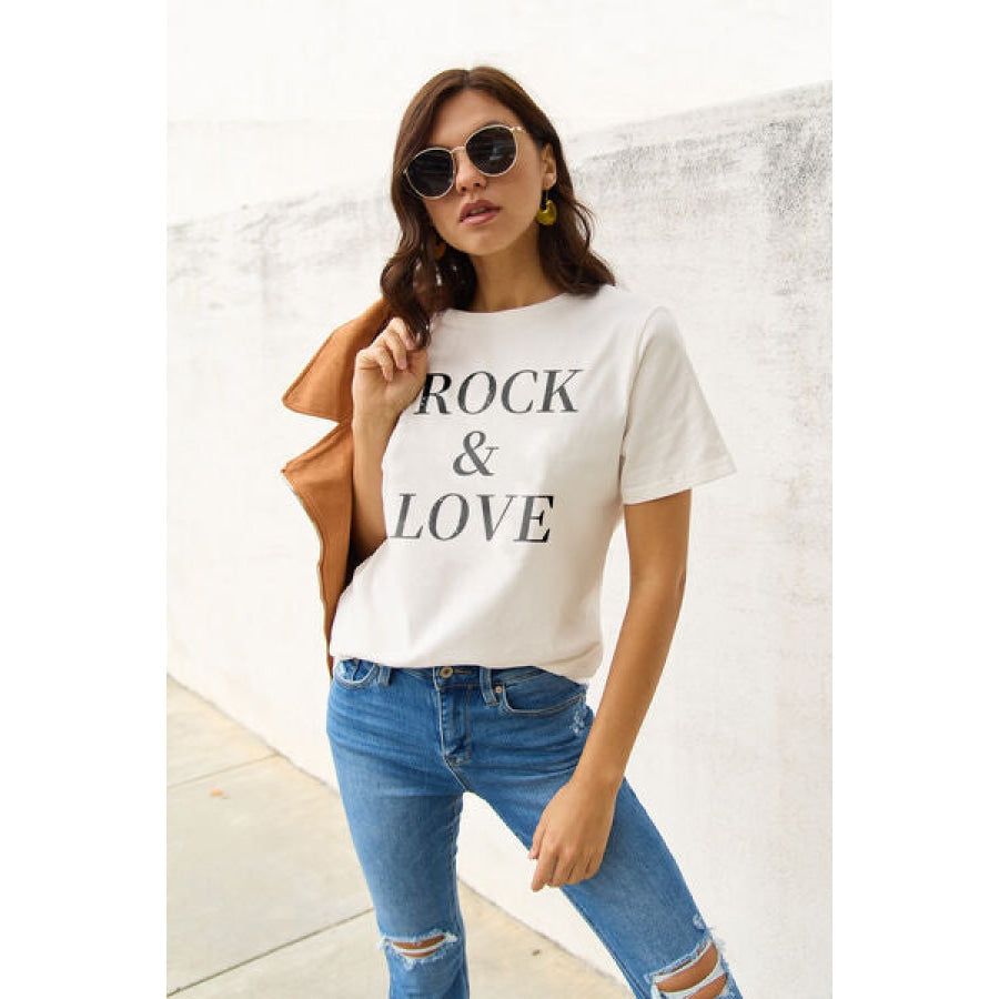 Simply Love Full Size ROCK ＆ LOVE Short Sleeve T-Shirt White / S Apparel and Accessories