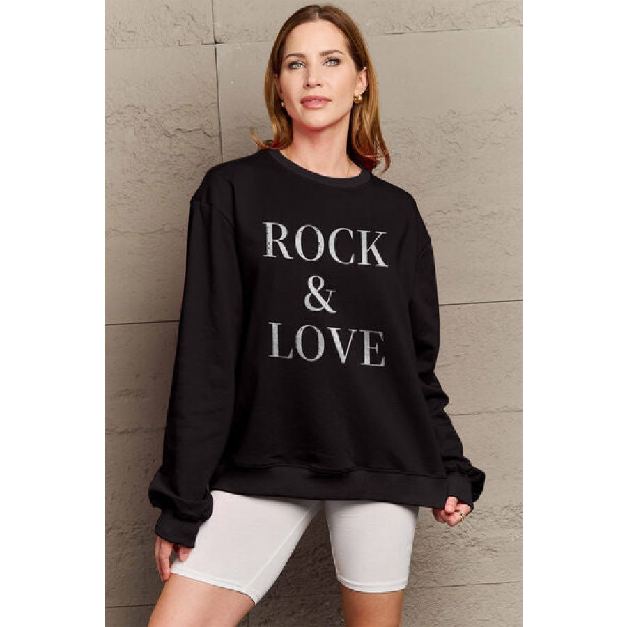 Simply Love Full Size ROCK ＆ LOVE Round Neck Sweatshirt Black / S Apparel and Accessories