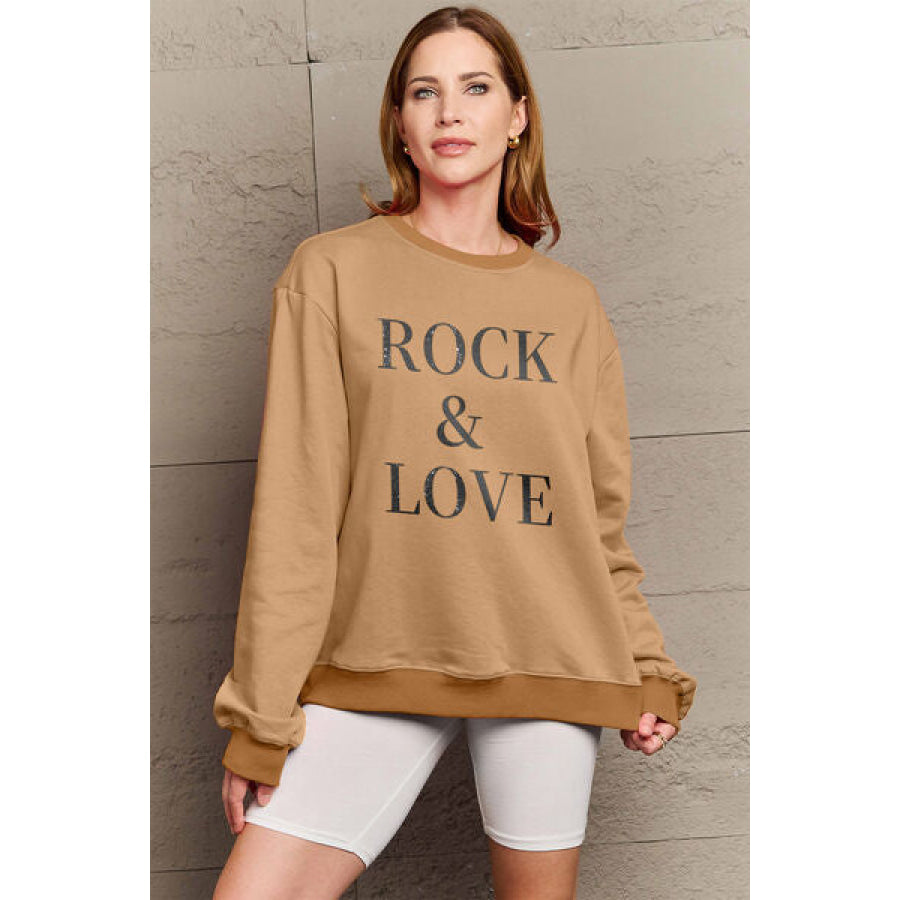 Simply Love Full Size ROCK & LOVE Round Neck Sweatshirt Camel / S Apparel and Accessories