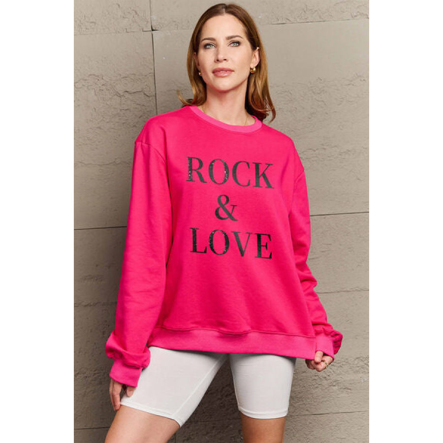 Simply Love Full Size ROCK & LOVE Round Neck Sweatshirt Deep Rose / S Apparel and Accessories