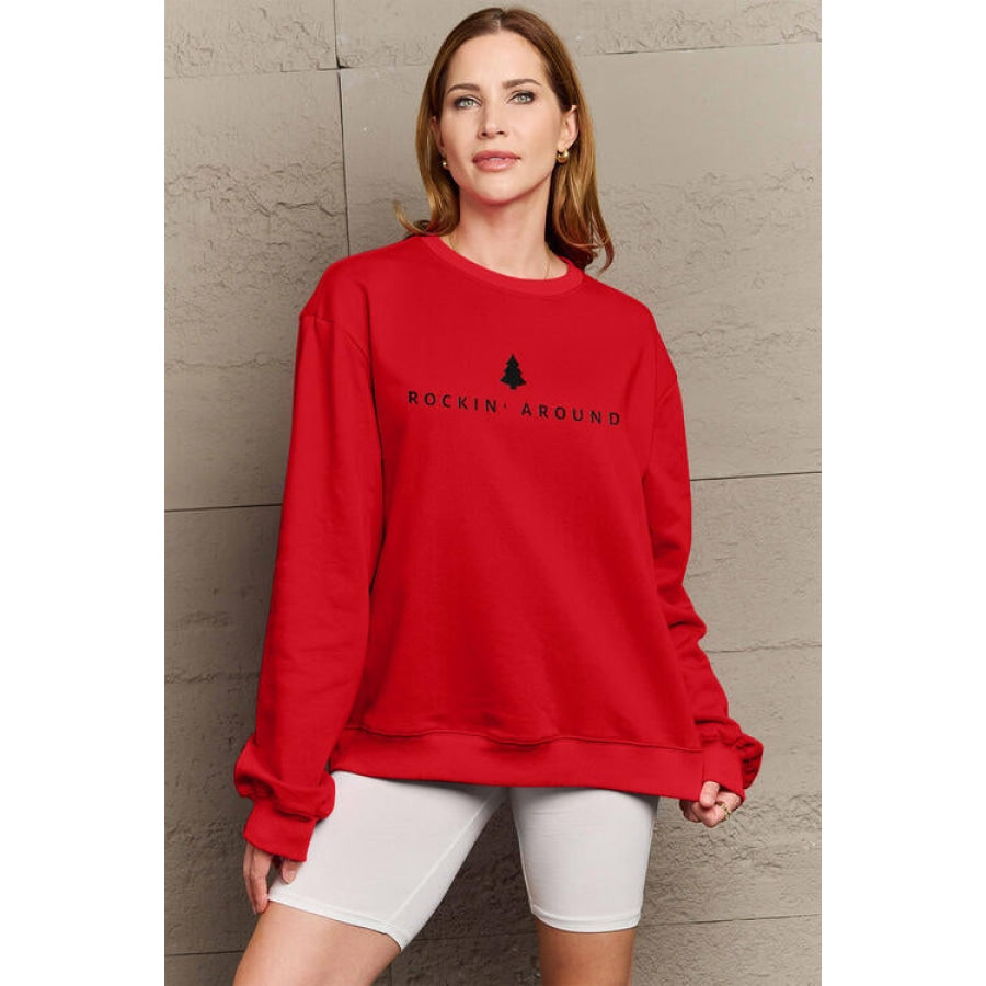 Simply Love Full Size ROCKIN AROUND Long Sleeve Sweatshirt Scarlet / S Clothing