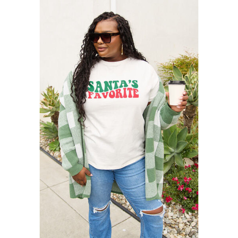 Simply Love Full Size SANTA’S FAVORITE Round Neck T - Shirt White / S Apparel and Accessories