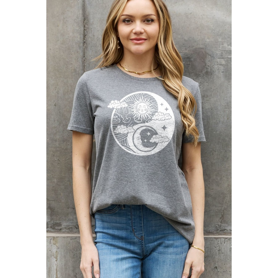 Simply Love Full Size Sun and Moon Graphic Cotton Tee Charcoal / S