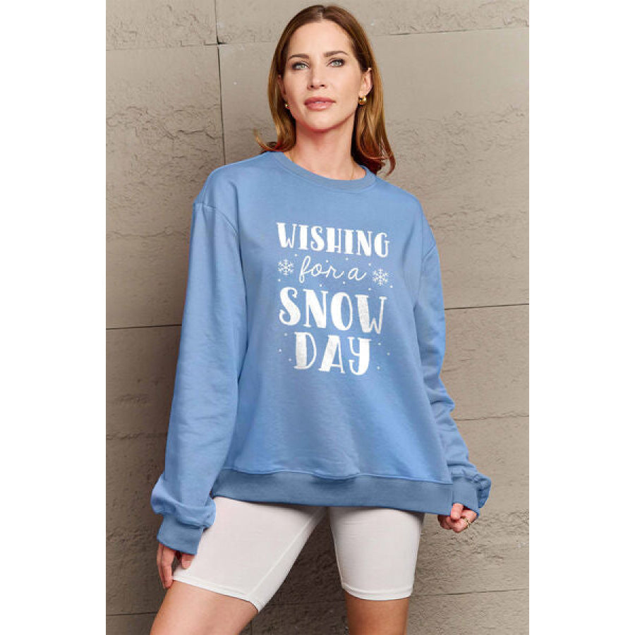 Simply Love Full Size WISHING FOR A SNOW DAY Round Neck Sweatshirt Misty Blue / S Clothing