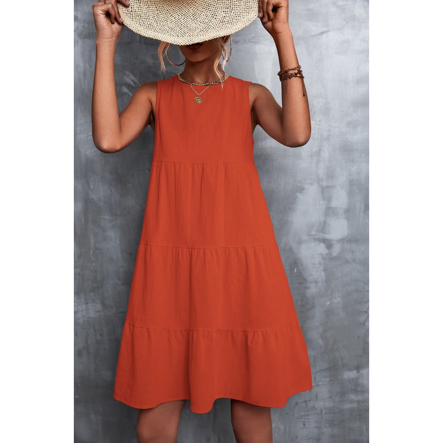 Sleeveless Round Neck Tiered Dress Orange / S