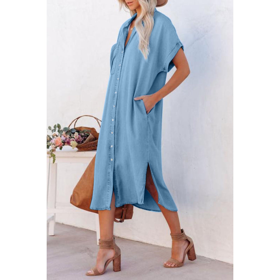 Slit Button Up Short Sleeve Imitation Denim Dress Apparel and Accessories