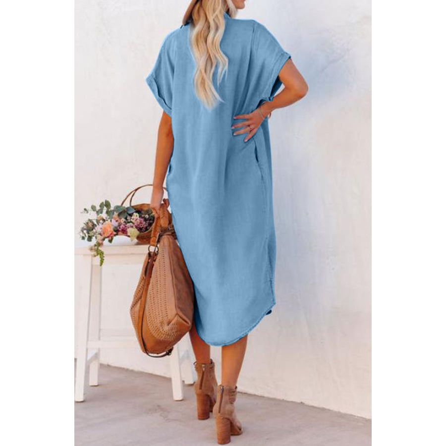 Slit Button Up Short Sleeve Imitation Denim Dress Medium / S Apparel and Accessories