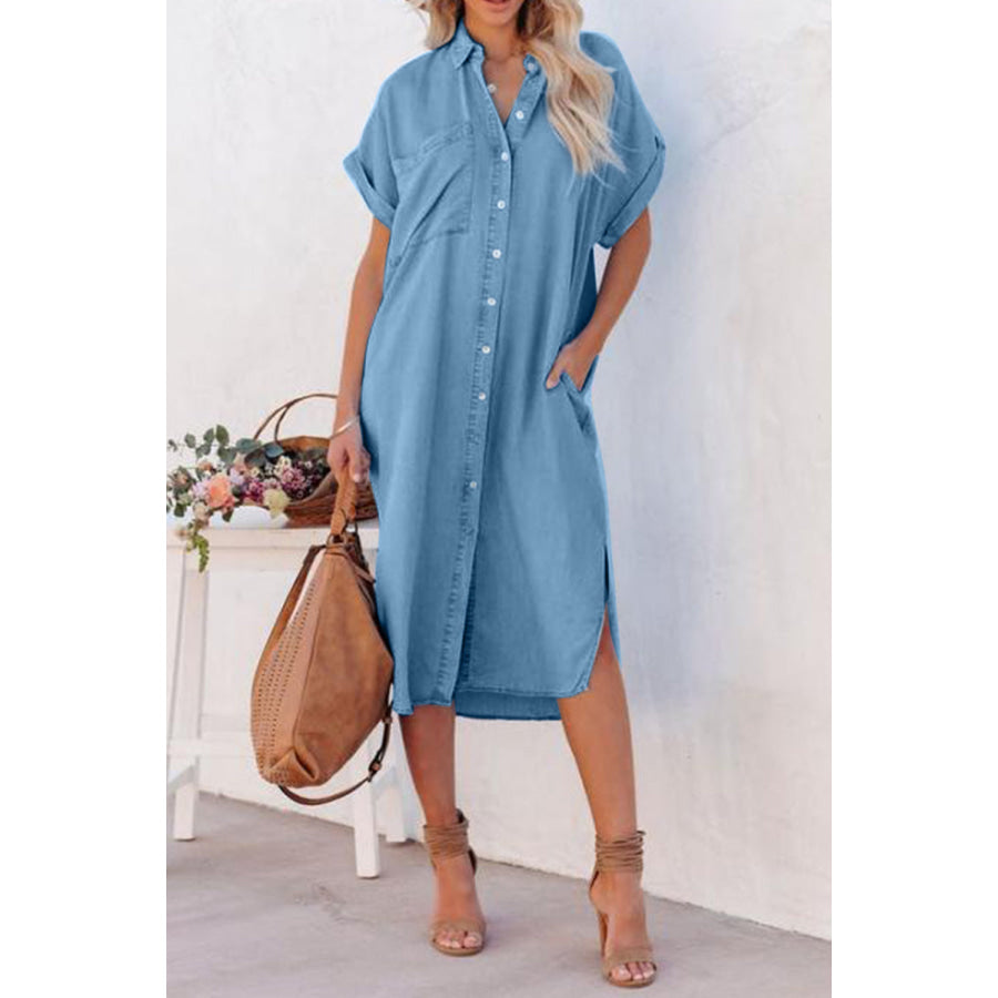 Slit Button Up Short Sleeve Imitation Denim Dress Medium / S Apparel and Accessories