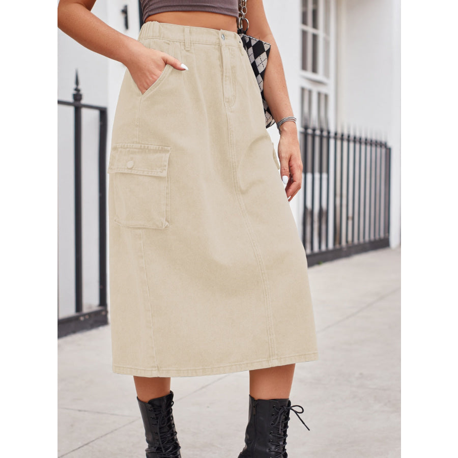 Slit Buttoned Denim Skirt with Pockets Apparel and Accessories