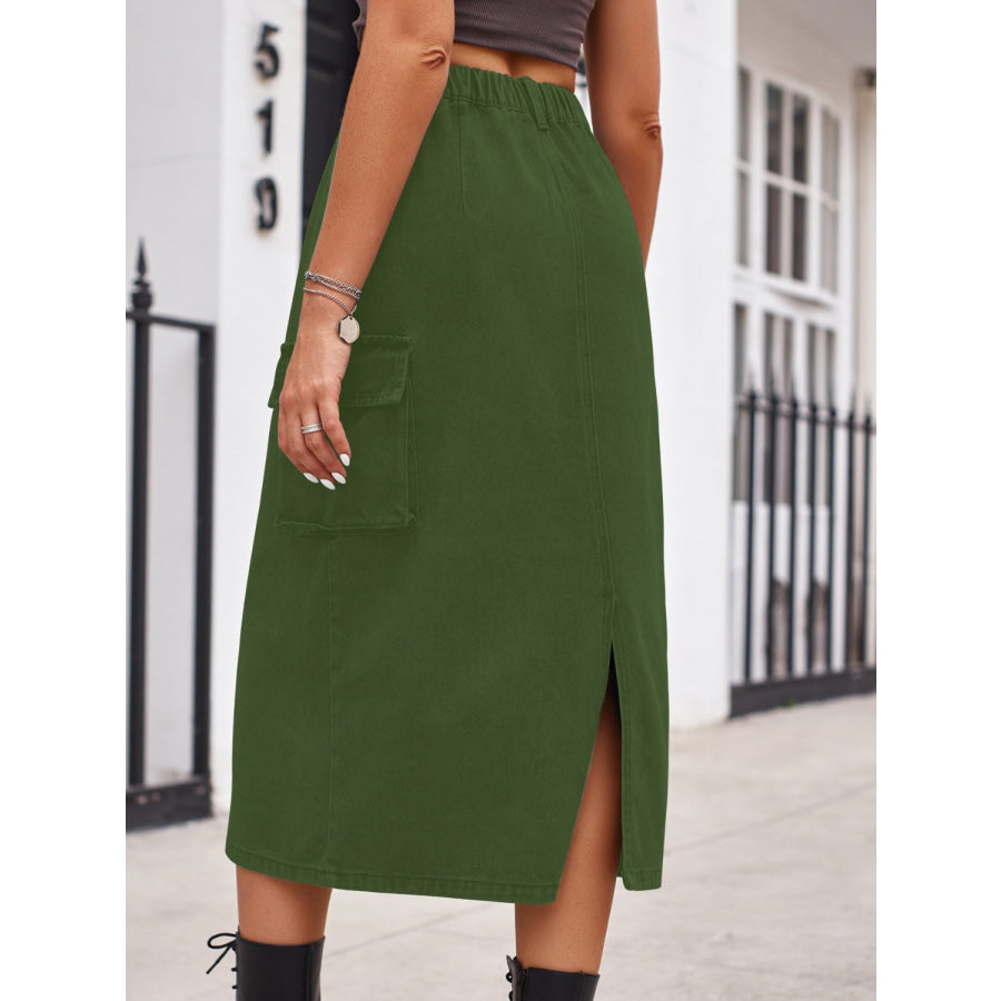 Slit Buttoned Denim Skirt with Pockets Apparel and Accessories