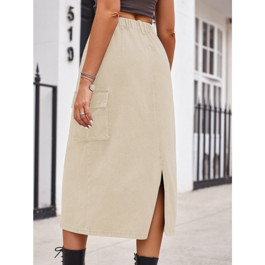 Slit Buttoned Denim Skirt with Pockets Apparel and Accessories