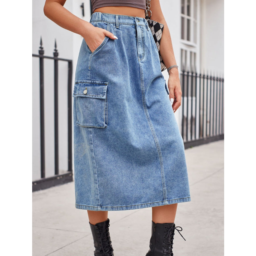 Slit Buttoned Denim Skirt with Pockets Apparel and Accessories