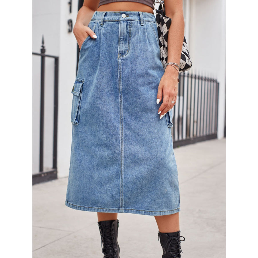 Slit Buttoned Denim Skirt with Pockets Apparel and Accessories