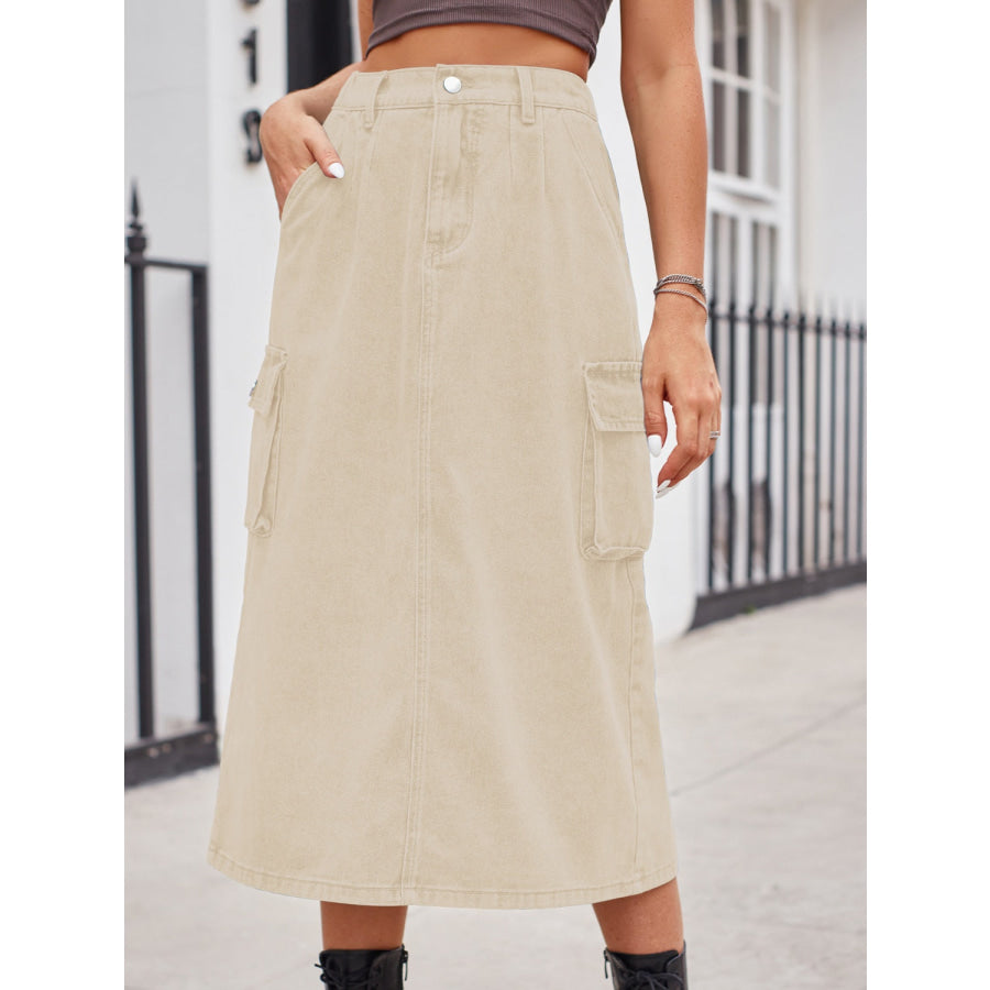 Slit Buttoned Denim Skirt with Pockets Apparel and Accessories