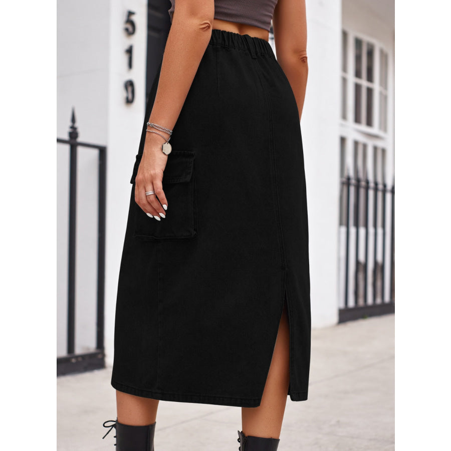 Slit Buttoned Denim Skirt with Pockets Apparel and Accessories