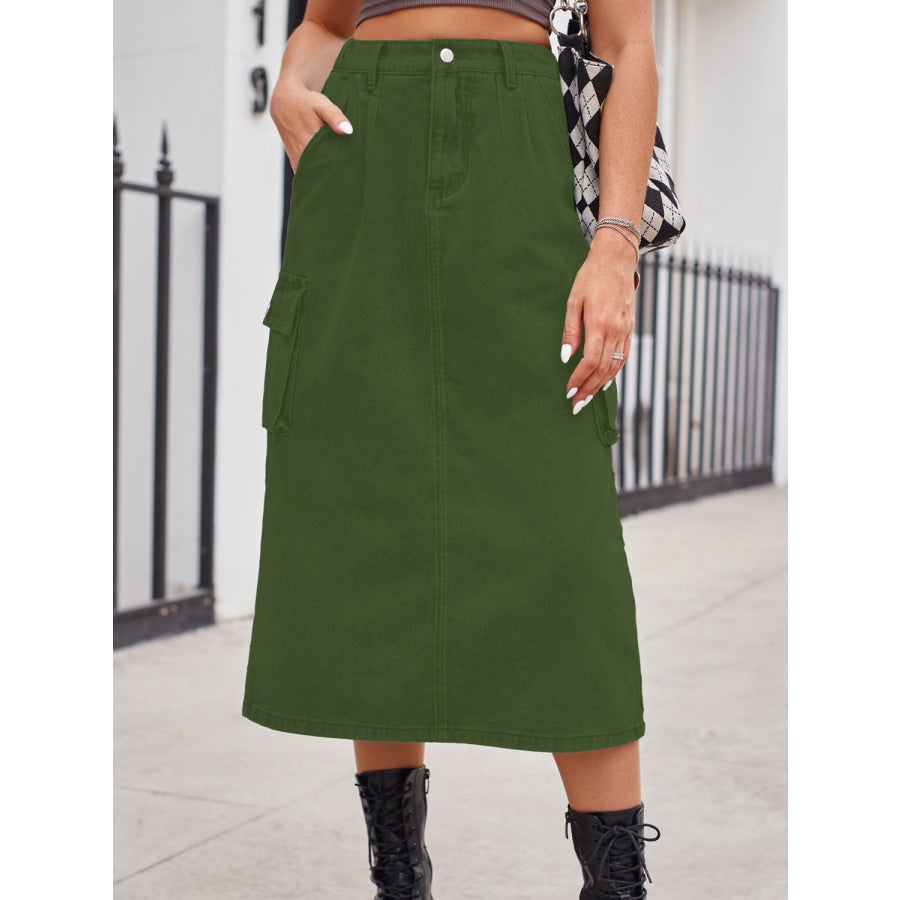 Slit Buttoned Denim Skirt with Pockets Army Green / S Apparel and Accessories