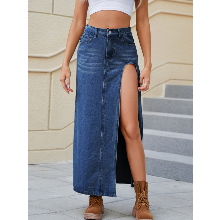 Slit Buttoned Denim Skirt with Pockets Medium / S Apparel and Accessories