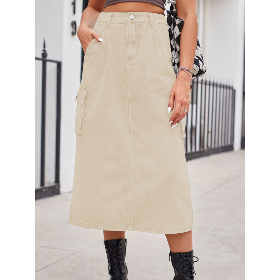 Slit Buttoned Denim Skirt with Pockets Sand / S Apparel and Accessories