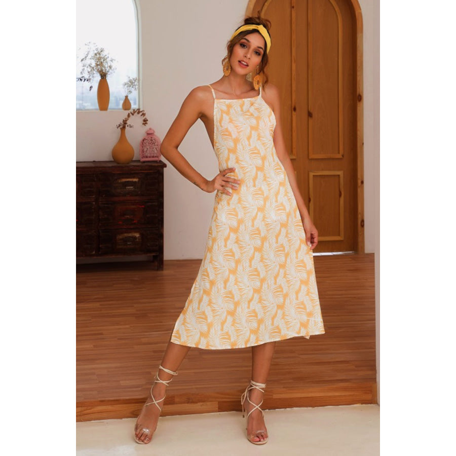 Slit Crisscross Printed Sleeveless Cami Dress Pastel Yellow / S Apparel and Accessories