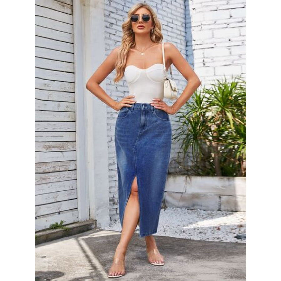 Slit Midi Denim Skirt with Pockets Apparel and Accessories