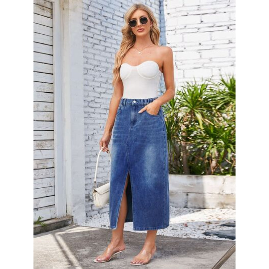Slit Midi Denim Skirt with Pockets Apparel and Accessories