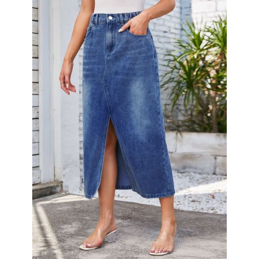 Slit Midi Denim Skirt with Pockets Apparel and Accessories