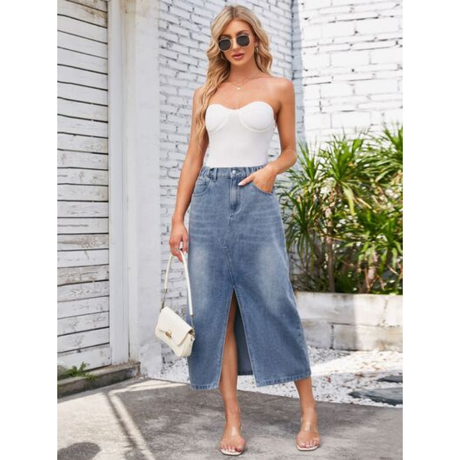 Slit Midi Denim Skirt with Pockets Apparel and Accessories