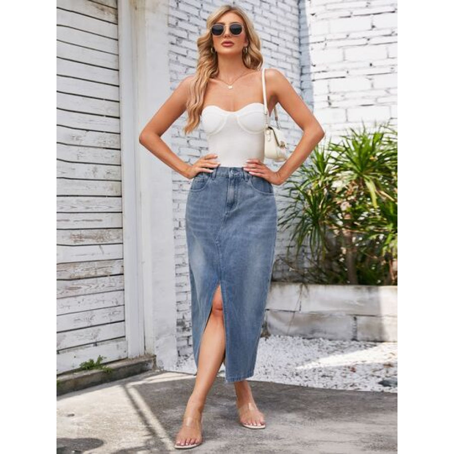 Slit Midi Denim Skirt with Pockets Apparel and Accessories