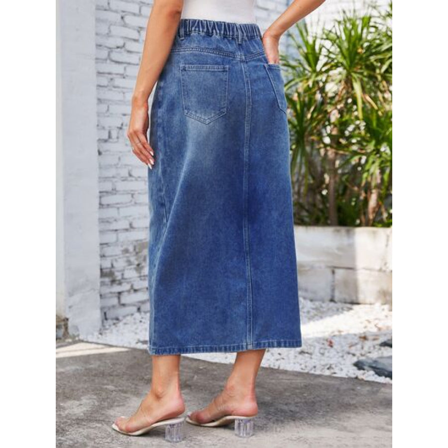 Slit Midi Denim Skirt with Pockets Apparel and Accessories
