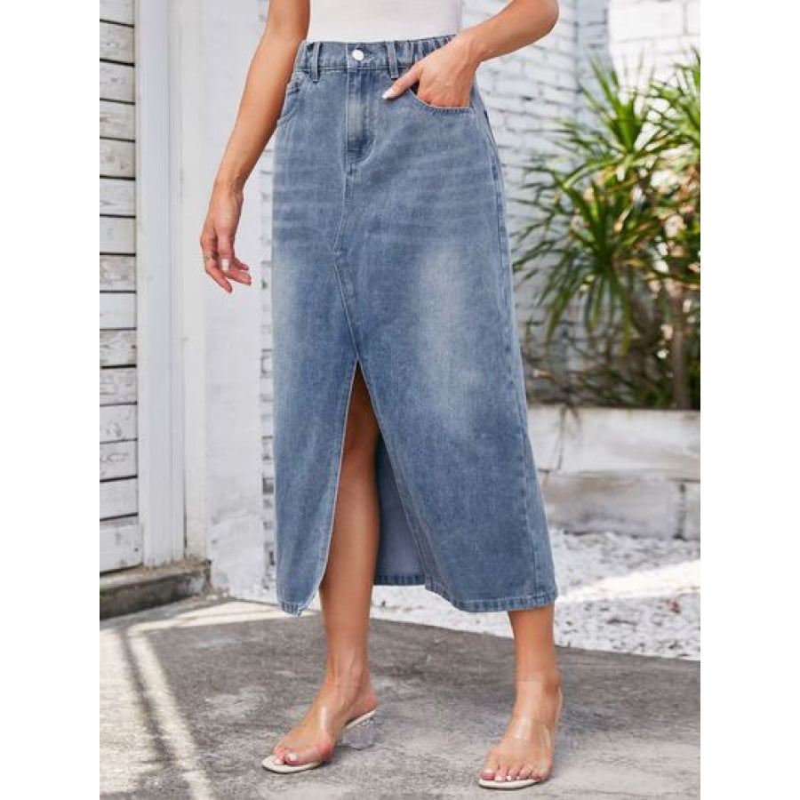 Slit Midi Denim Skirt with Pockets Apparel and Accessories