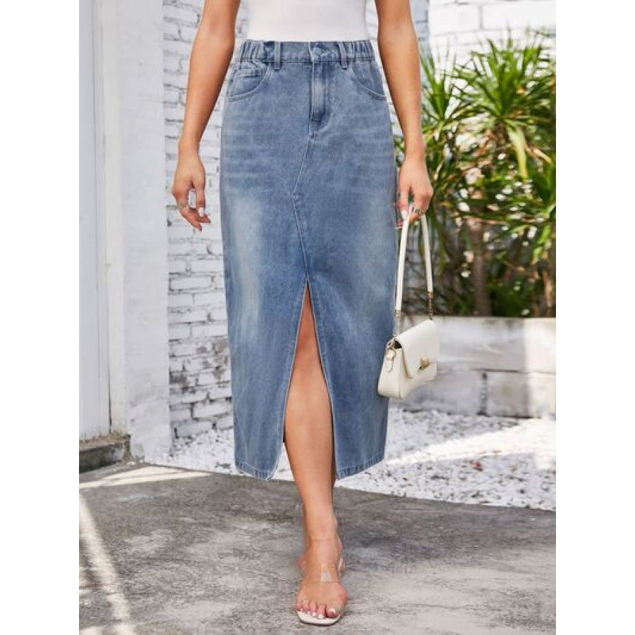 Slit Midi Denim Skirt with Pockets Apparel and Accessories