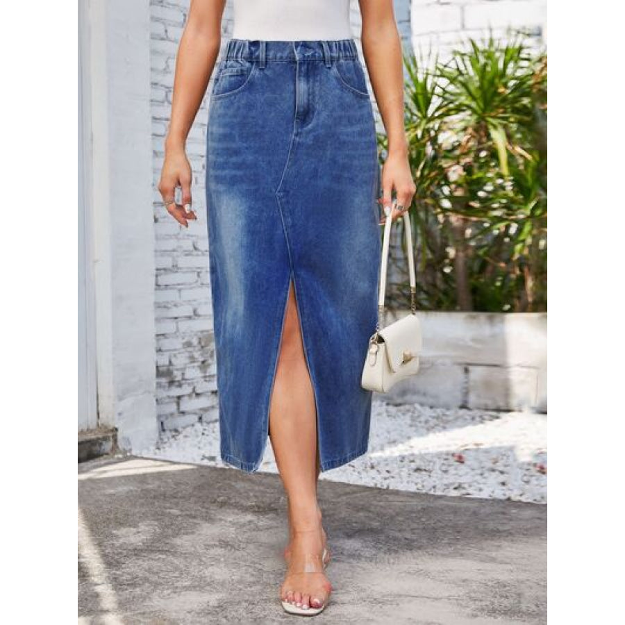 Slit Midi Denim Skirt with Pockets Apparel and Accessories