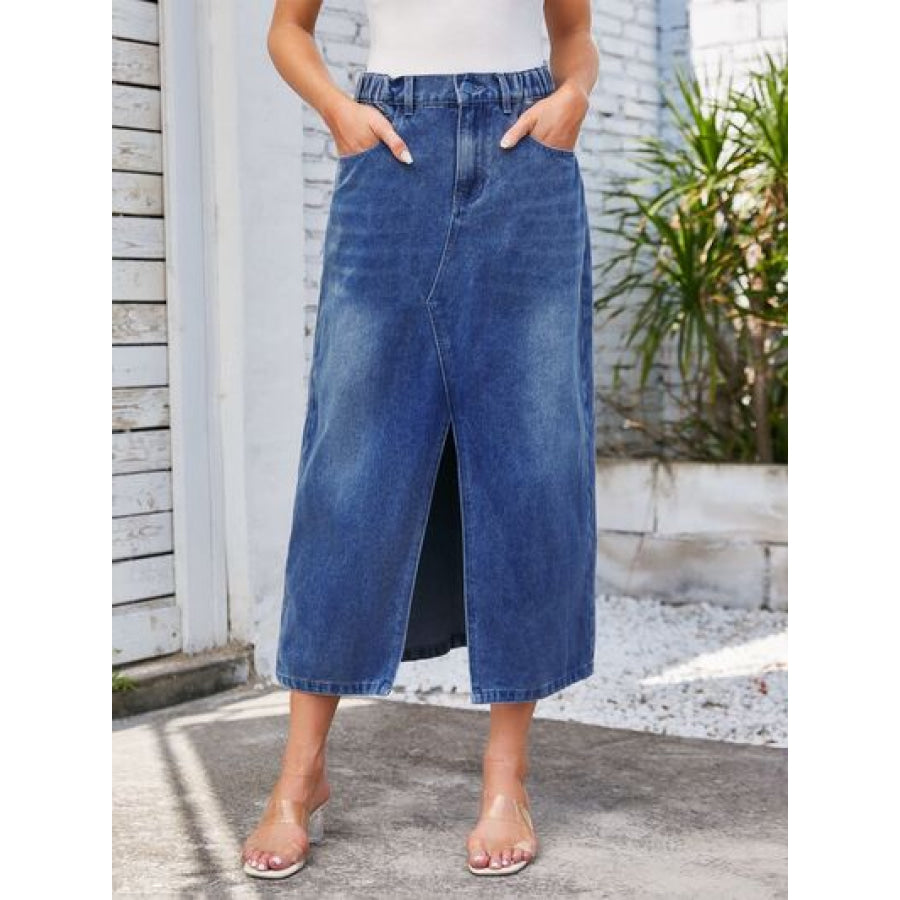 Slit Midi Denim Skirt with Pockets Dusty Blue / S Apparel and Accessories